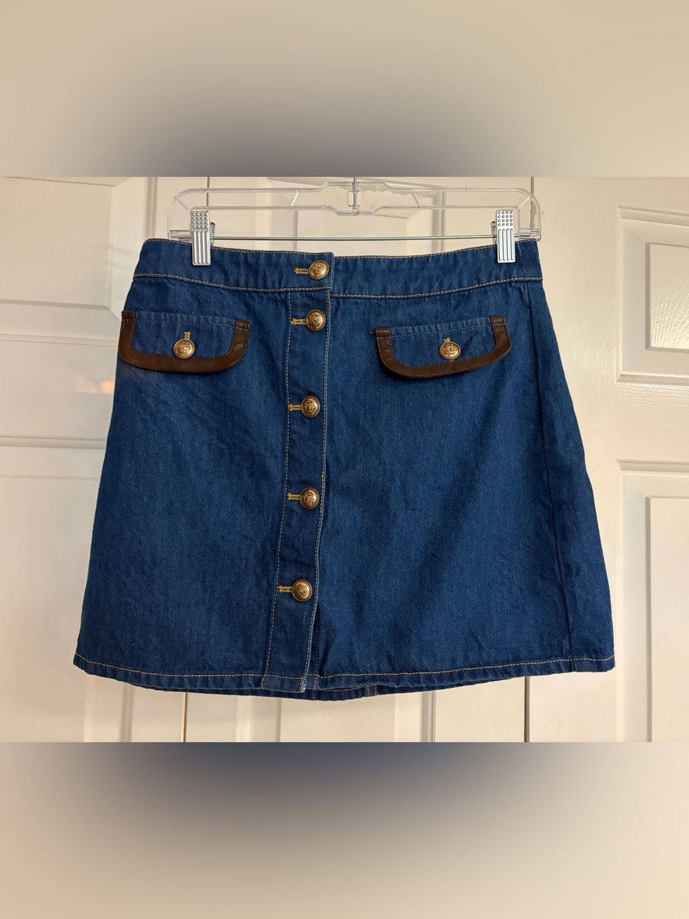 House of Harlow 1960 Blue Denim Mini Skirt with Brown Trim